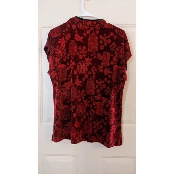 Chico's Red & Black Asian Inspired Cap Short Sleeved Shirt, Size 3 - Picture 4 of 9